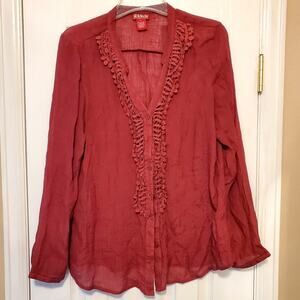 Sz XL RED RANCH Rusty Red Crochet Trim Button Down Collarless Blouse